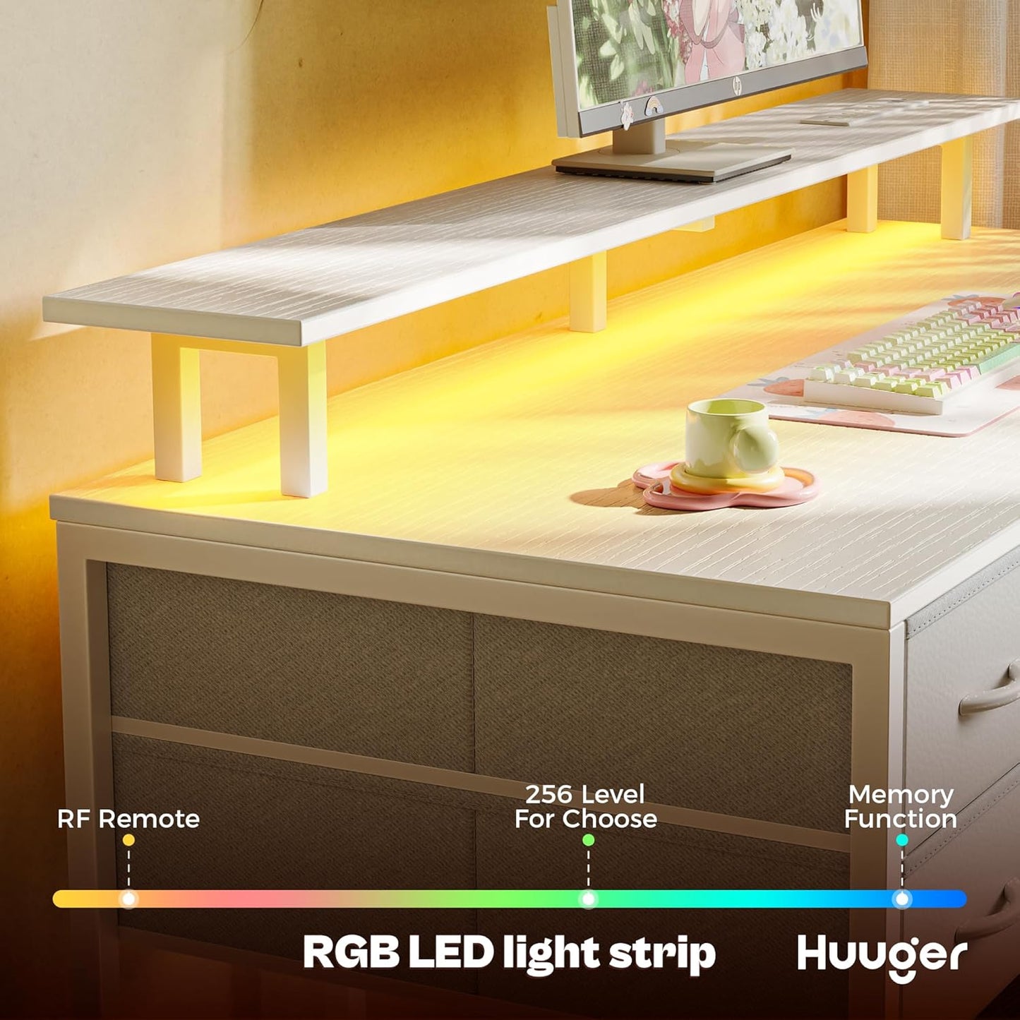 Huuger 47 inch Computer Desk with 4 Drawers, Gaming Desk with LED Lights & Power Outlets, Home Office Desk with Large Storage Space for Bedroom, Work from Home, White