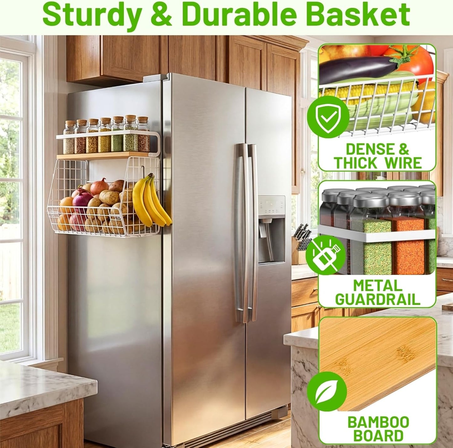 Ofiray-home Magnetic Fridge Shelf with Wood Lid, Fruit Potato Onion Storage Bins, Pantry Organizers, Large Container Spice Rack for Refrigerator, Kitchen Counter, Cabinet (1, White)