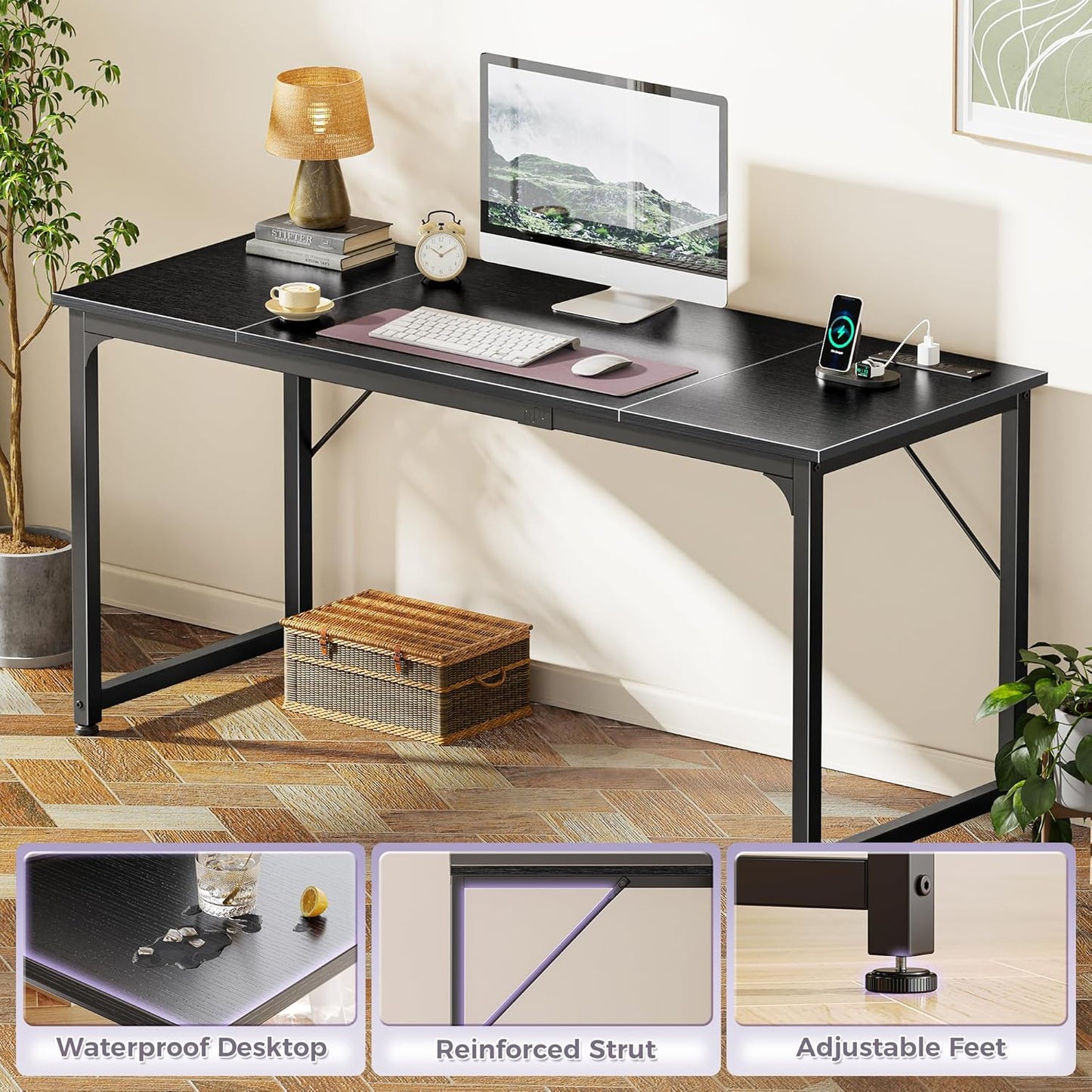 PRAISUN 63 X 24 Inch Office Computer Desk with Power Outlets and USB-C Port, Larger and Longer Gaming Desk, for Home Office, Study, Writing Work from Home Table, Metal Frame, Black