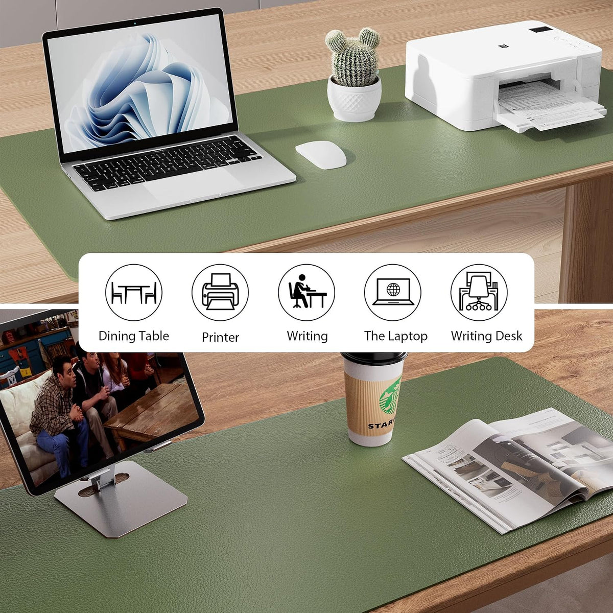 Aothia Leather Desk Pad Protector, Mouse Pad, Office Desk Mat, Non-Slip PU Leather Desk Blotter, Laptop Desk Pad, Waterproof Desk Writing Pad for Office and Home (48"x17", Olive Green)