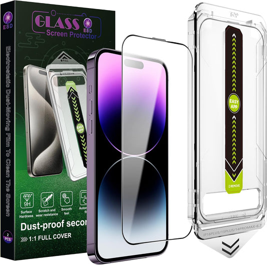 2 Pack Ultra HD Clear Screen Protector for iPhone 14 Pro Max/15 Plus/16 Plus (6.7-Inch),9H Tempered Glass,Full Coverage,Anti-Fingerprint,Auto Dust Removal,Bubble-Free,Easy Installation