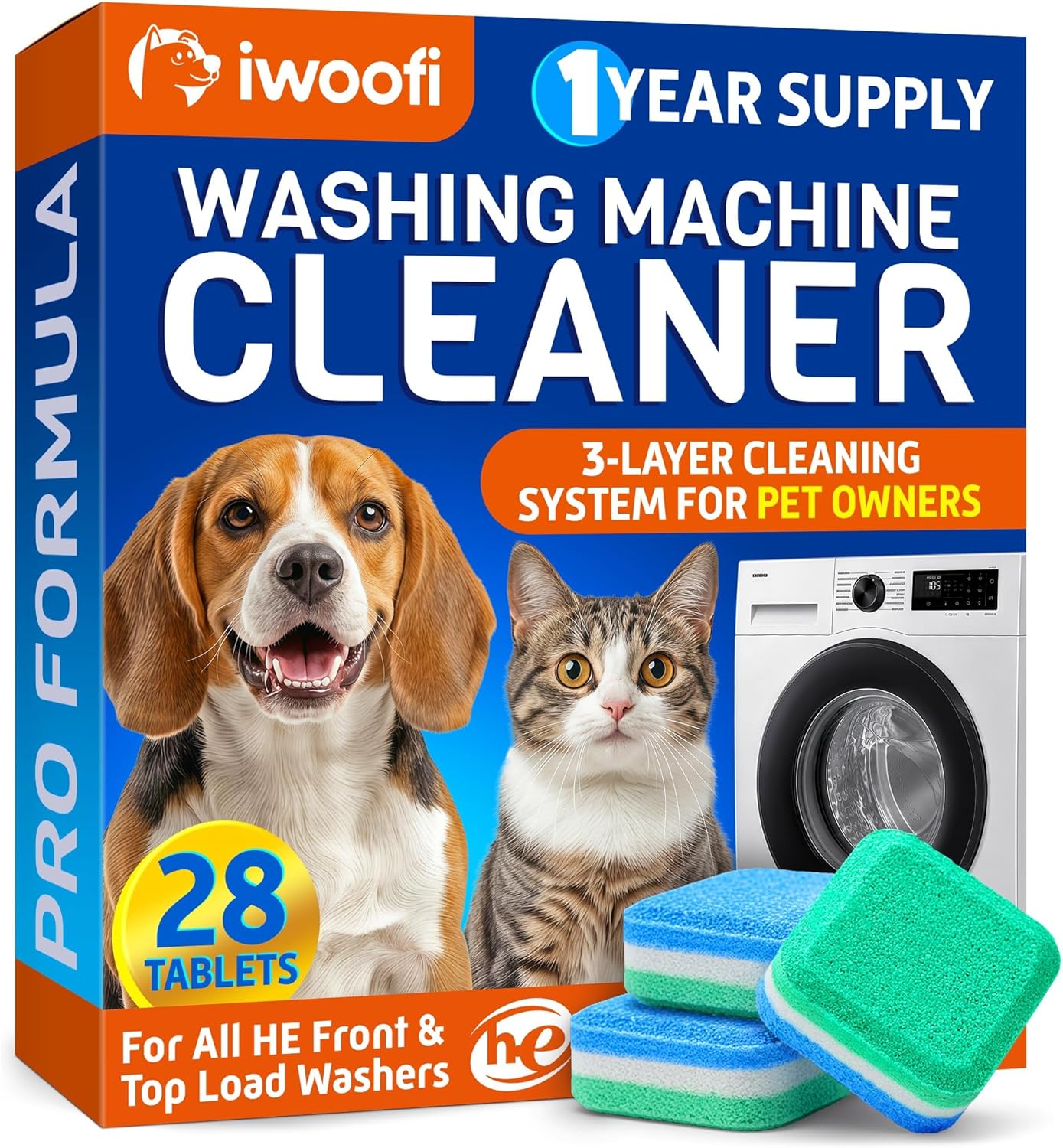 Washing Machine Cleaner Tablets for Pet Owners Pro – Front & Top Load HE Washers – Removes Pet Hair Buildup Eliminates Odors & Residue – 28 Tablets 1-Year Supply – Septic Safe Deep Clean
