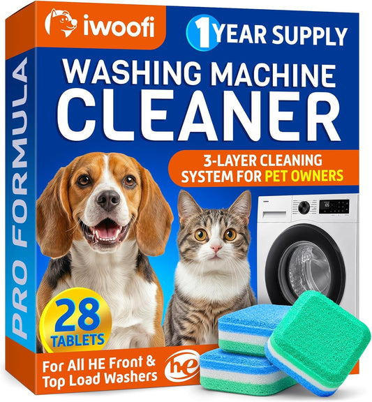 Washing Machine Cleaner Tablets for Pet Owners Pro – Front & Top Load HE Washers – Removes Pet Hair Buildup Eliminates Odors & Residue – 28 Tablets 1-Year Supply – Septic Safe Deep Clean