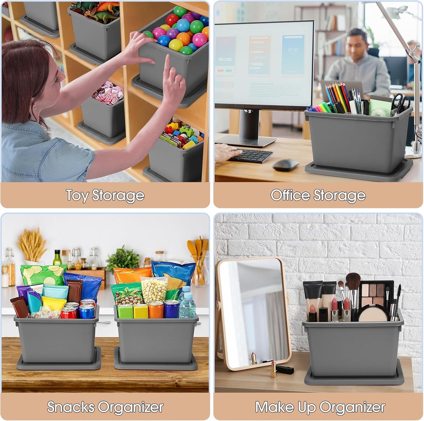 Potchen 6 Pcs Pack Small Stackable Storage Bins with Lids Plastic Storage Boxes for Classroom 9.8" ×7.3" ×5.7" Decorative Organizer Bins for Craft Art Office Teacher Supplies (Grey)