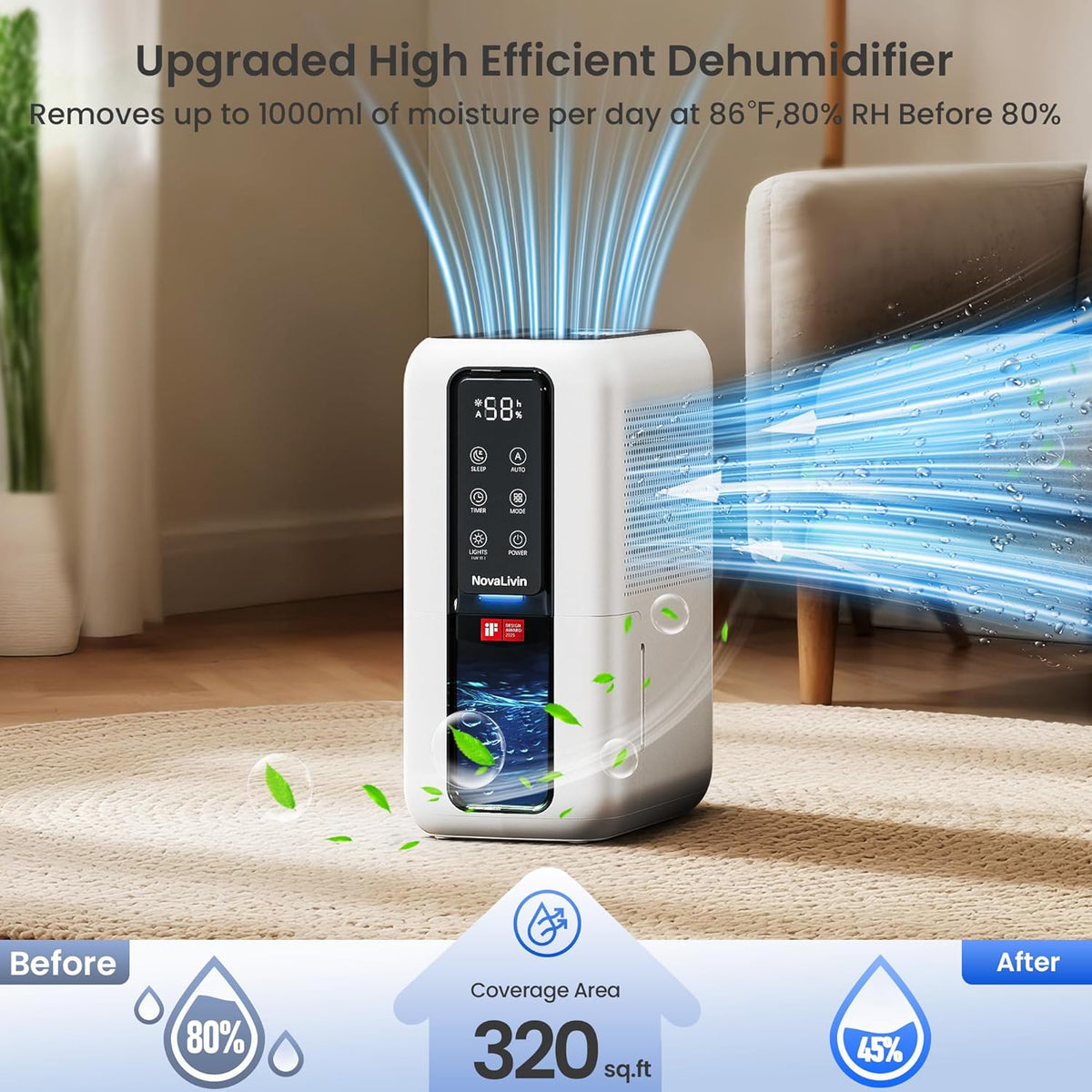 Dehumidifier for Home, Dehumidifiers for Bathroom, Bedroom, Living room, Closet with 68 OZ Water Tank, Moisture Absorbers, Auto Shut Off, Auto Humidity Control, 7 Colors LED Light, Black and White
