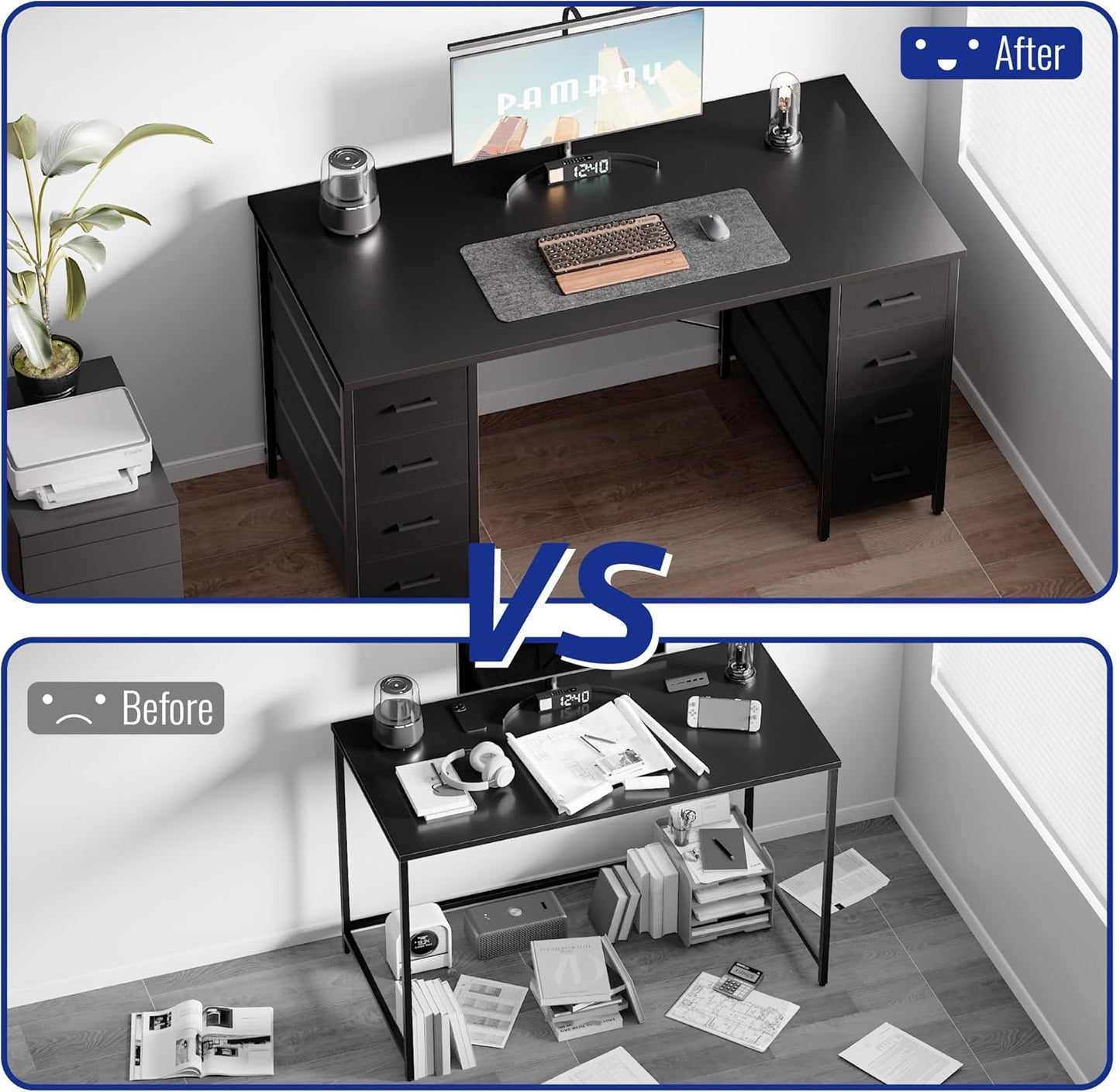 Pamray 47 Inch Computer Desk with 8 Fabric Drawers PC Gaming Desk Home Office Study Work Writing Table for Bedroom Matte Black
