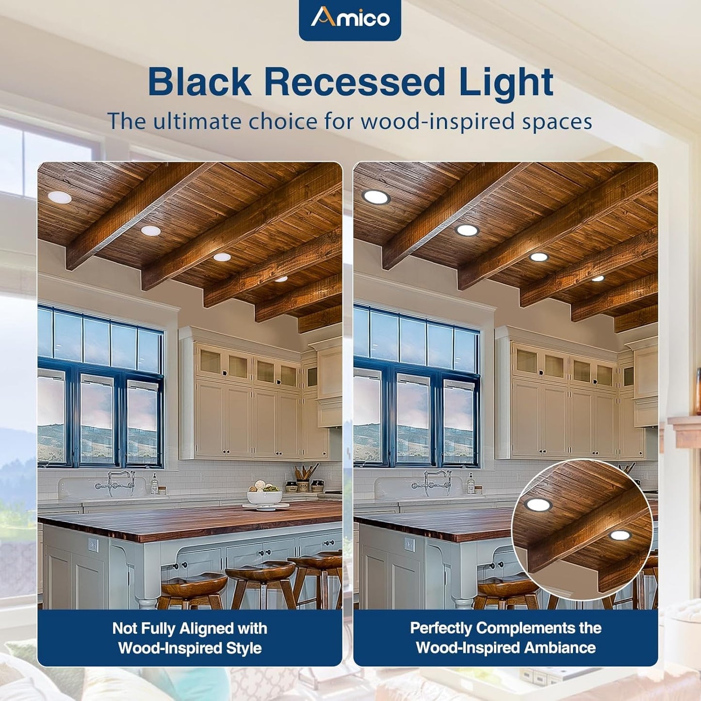 Amico 4 Pack 6 Inch Black 5CCT Ultra-Thin LED Recessed Light with Junction Box, 2700K/3000K/3500K/4000K/5000K Selectable, 12W Eqv 110W 1050LM Dimmable Canless Wafer Downlight, ETL & FCC