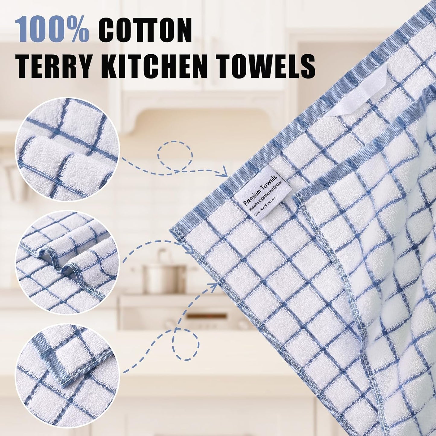 Homaxy Premium Kitchen Towels(16”x 28”, 6 Pack), Large Ring Spun Cotton Dish Towels, Super Absorbent Soft Terry Kitchen Hand Towels, Check Design Tea Towel Set with Hanging Loop, Navy Blue