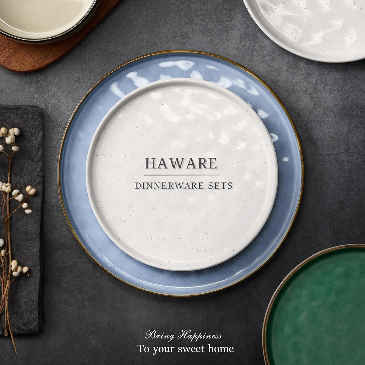 HaWare Dinnerware Sets, 12-Piece Plates and Bowls Set, Stoneware Dish Set for 4, Ceramic Dinnerware for Home Restaurant, Chip and Scratch Resistant, Microwave and Dishwasher Safe, Multicolor