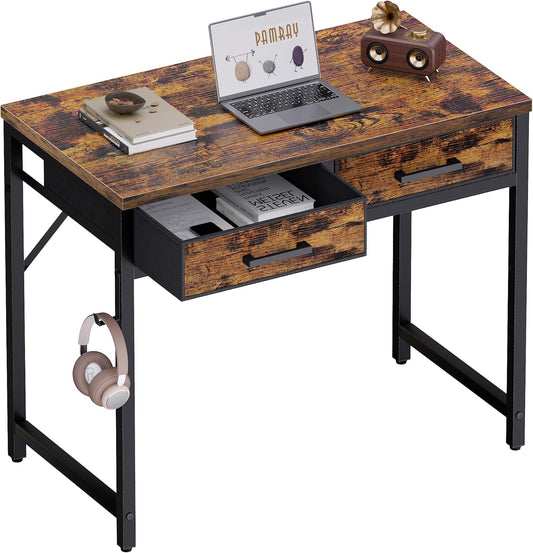 Pamray 32 Inch Small Computer Desk with 2 Drawers for Bedroom Study Writing Home Office Table for Small Spaces Vintage