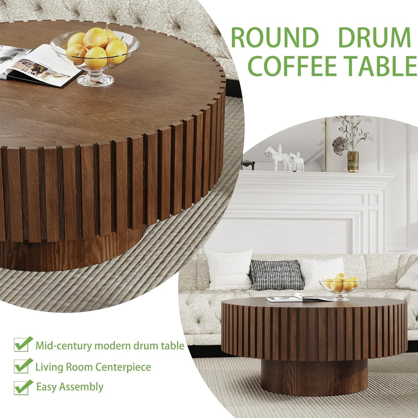 Artisan-Crafted Round Fluted Coffee Table (Walnut 31in) | Solid Wood Drum Base with Detailing, Handmade Circular Centerpiece for Living Room, Rustic Modern Home Decor