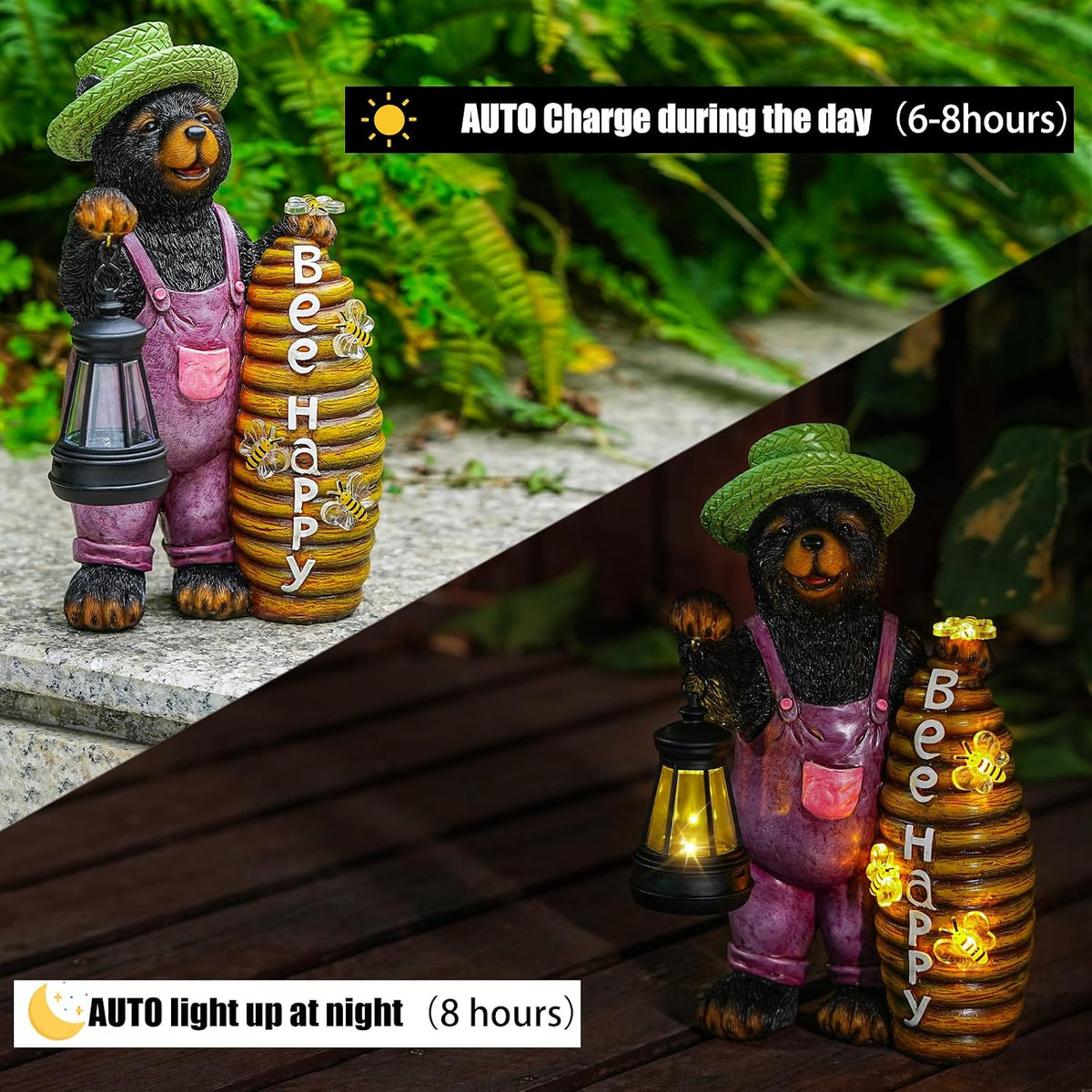 Joint Honglin Honey Bear Garden Statue with Lighted Beehive & Lantern