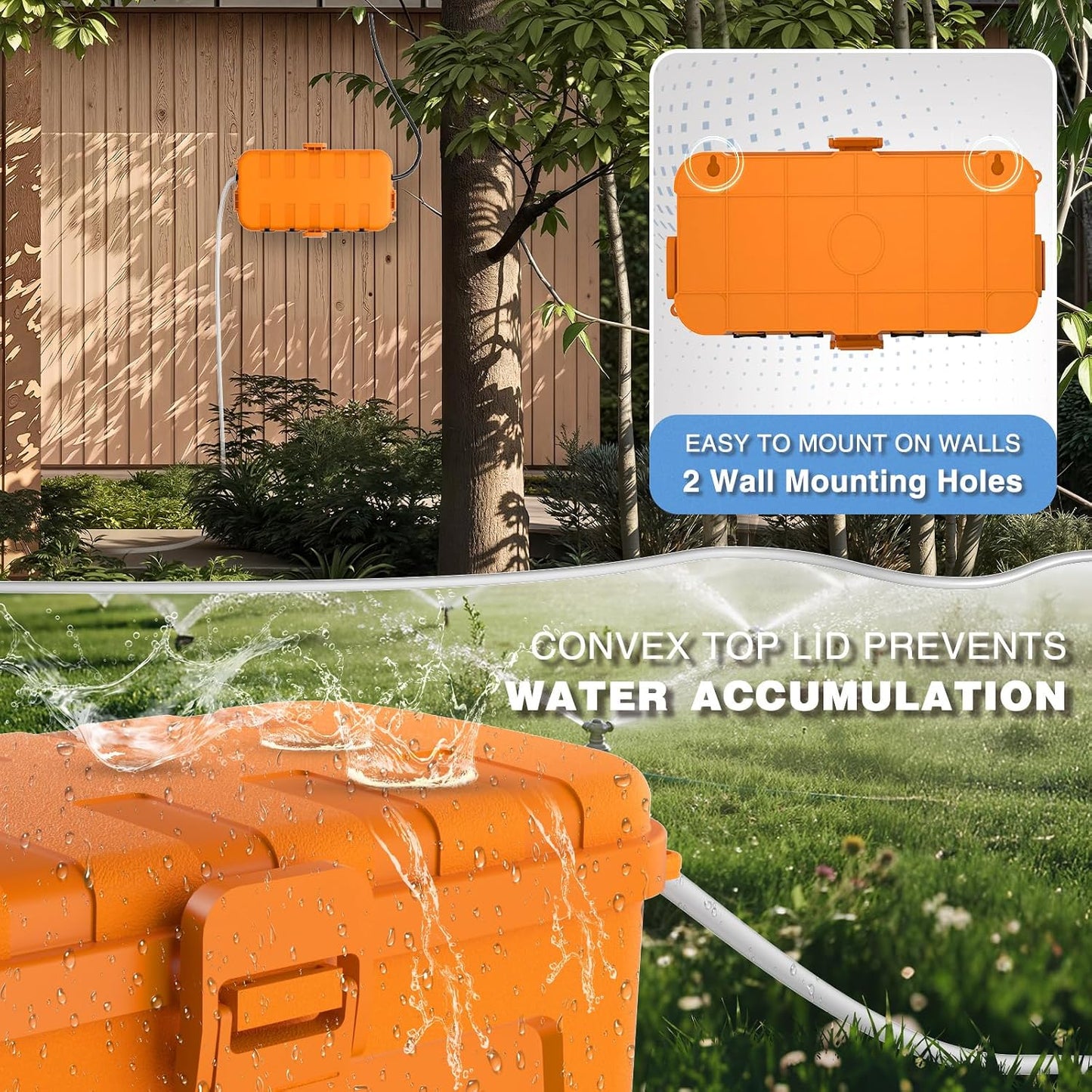 Flemoon Medium Outdoor Electrical Box, IP54 Waterproof Extension Cord Cover | Inner Size 9.4 x 4.3 x 3.2 Inch, 6 Cable Entry Ports, Weatherproof Connection Box for Outlet, Holiday Lights, Orange, 2 Pack