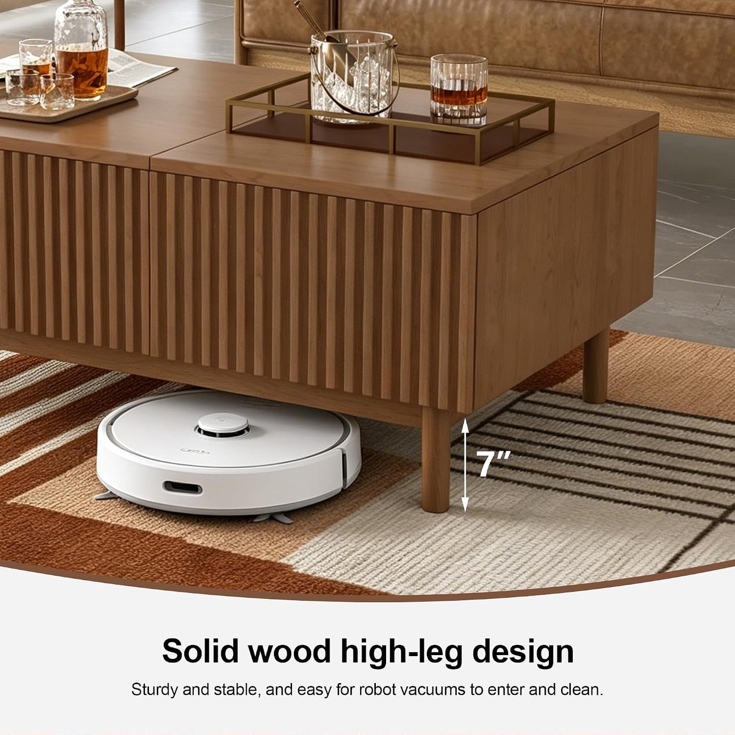 51" Mid-Century Modern Lift Top Coffee Table with Hidden Storage | Walnut Fluted Rectangular Center Table with Drawers & Sturdy Wooden Legs, for Living Room, Apartment, Office