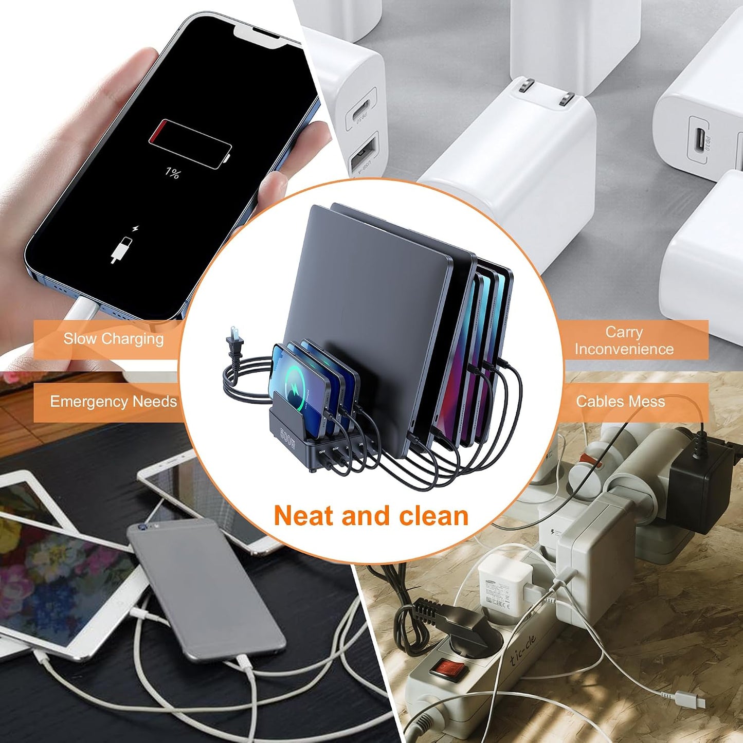 chipofy 500W Charging Station for Multiple Devices with Stand | 10-Port Multi USB C Fast Charger, with Organizer Stand, for MacBook Laptop, iPad, iPhone 17 16 Pro Max, Galaxy S25/S24