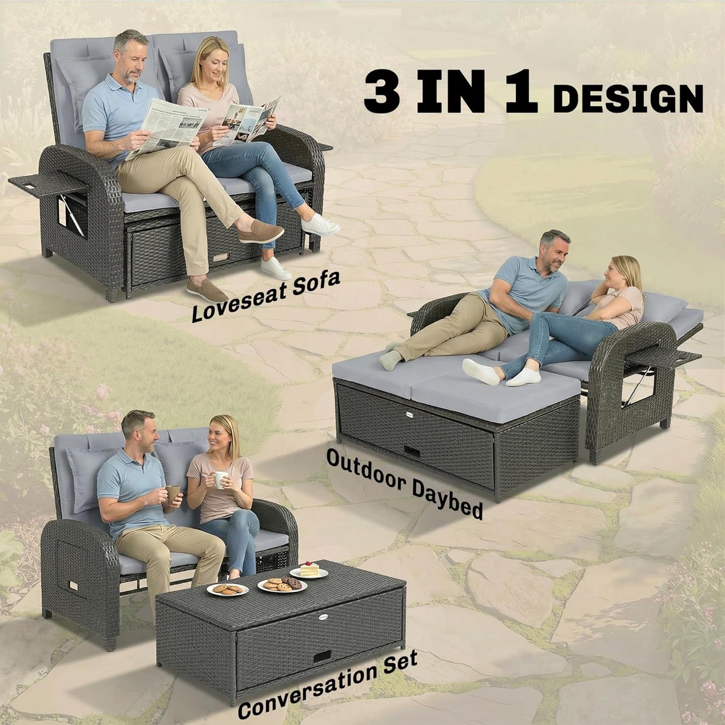 Outsunny Patio Rattan Daybed, Wicker Outdoor Daybed with Storage Ottoman, Loveseat Sofa with Adjustable Backrest, Side Tables, Cushions, Headrests, Double Sunbed Lounger for Balcony, Gray