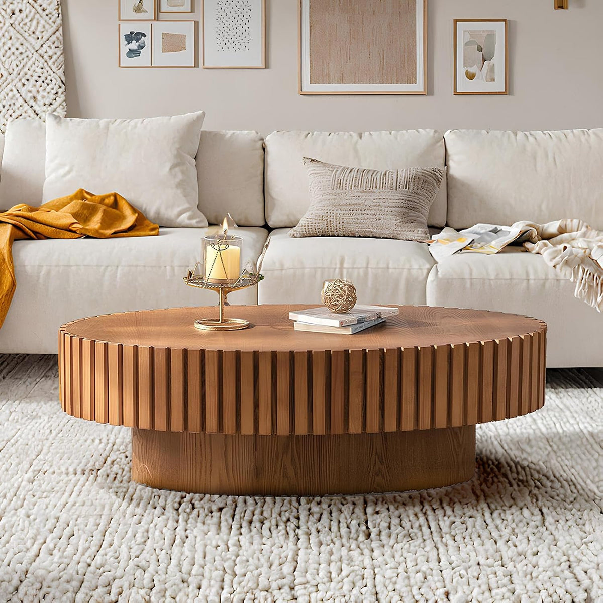 43.3" Oval Wood Coffee Table,Wood Color