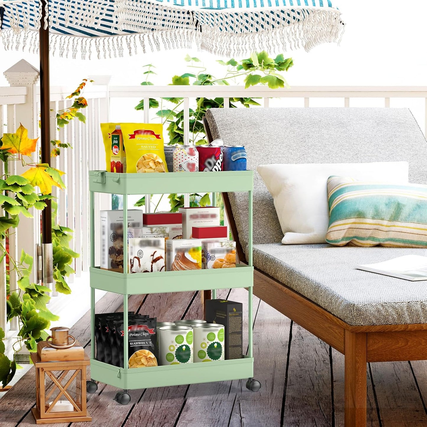 SPACEKEEPER Green 3-Tier Rolling Storage Cart, Bathroom & Kitchen Organizer, Modern Plastic Frame, Adjustable Shelves