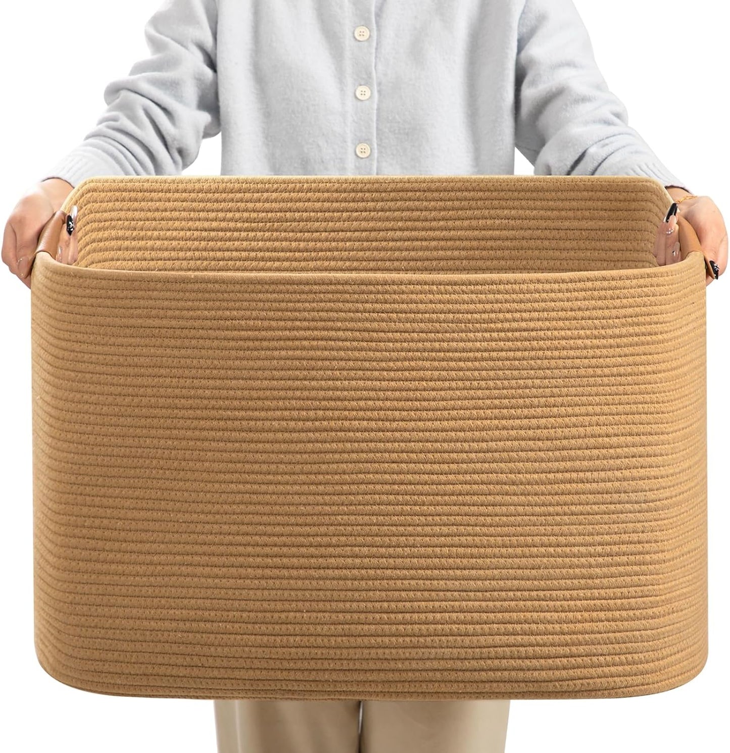 danpinera Large Blanket Basket for Living Room, 72 L Woven Cotton Rope Baskets for Kids Toy, Pillows, Towels, Cotton Organizing with leather handle, Storage Bin for Nursery, 22’’*17’’*11.8’’ Jute