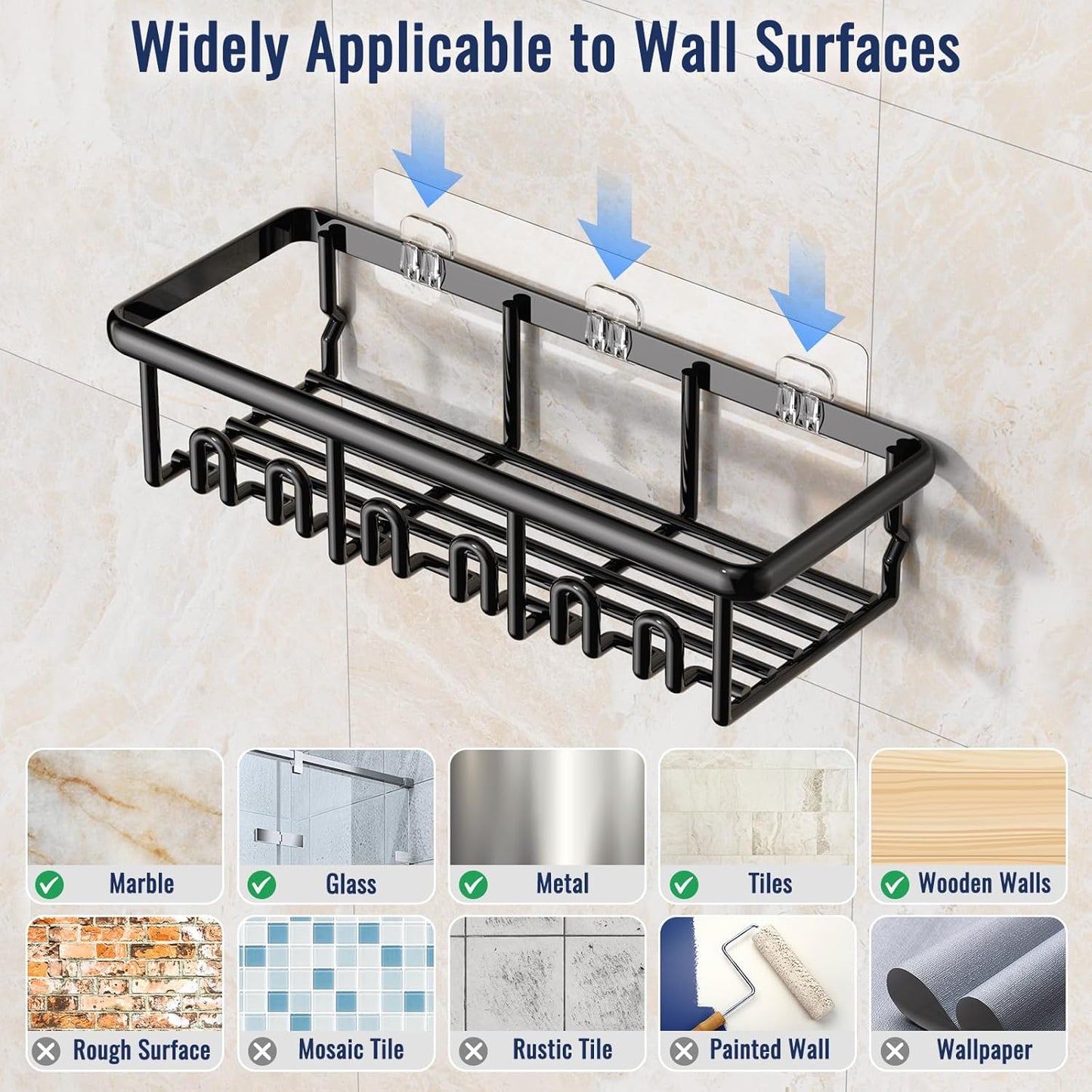 8 Pack Adhesive Rustproof Shower Caddy with Soap Dishes, Toothbrush Holder & Hooks, Large Capacity No-Drilling Shower Shelves Rack for Bathroom Organizers and Storage Accessories, Black