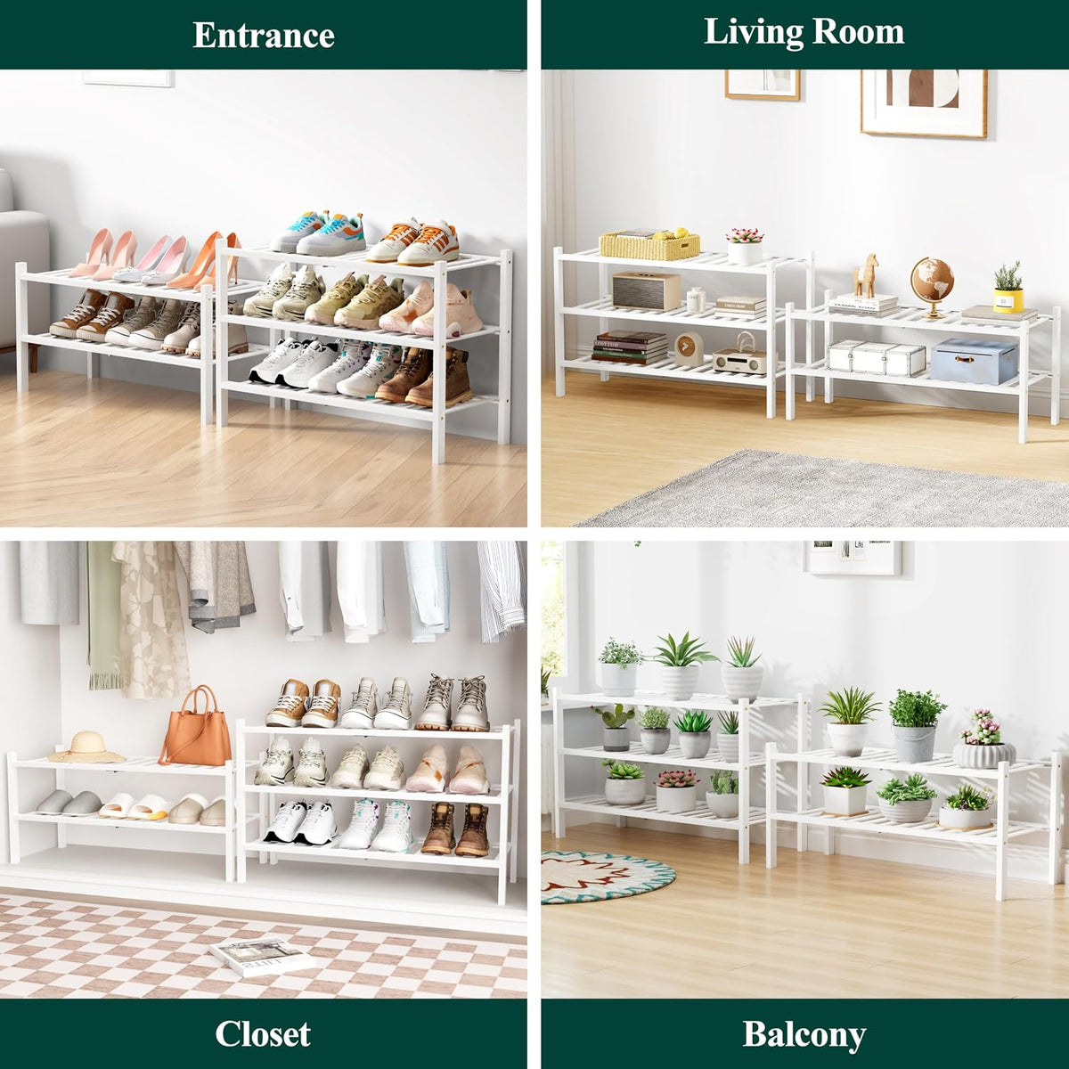 Smiry Bamboo Shoe Rack for Closet, 2 Tier - 26.77" Wide, White