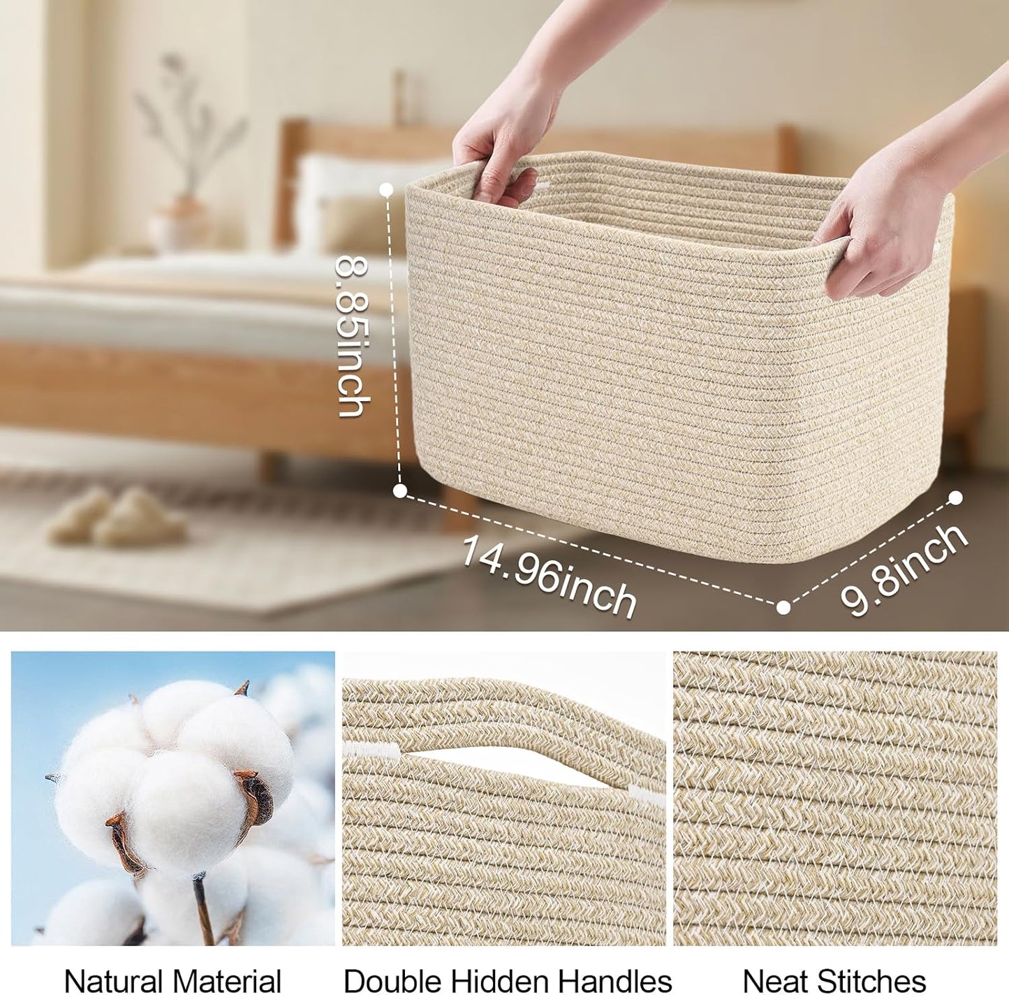Baskets for Organizing,Storage Baskets,3 Pack Baskets for Shelfves,15"×10"×9" Woven Brown Basket,toy storage bins,bins for organization