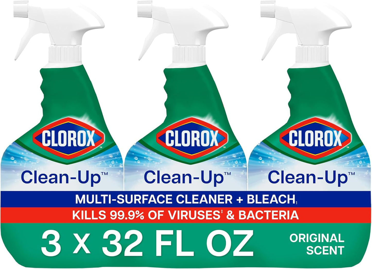 Clorox Clean-Up Multi Surface Cleaner Bleach Spray, Original, All Purpose Cleaning Spray Bottle, Mold and Mildew Cleaner, 32 Fl Oz., Pack of 3