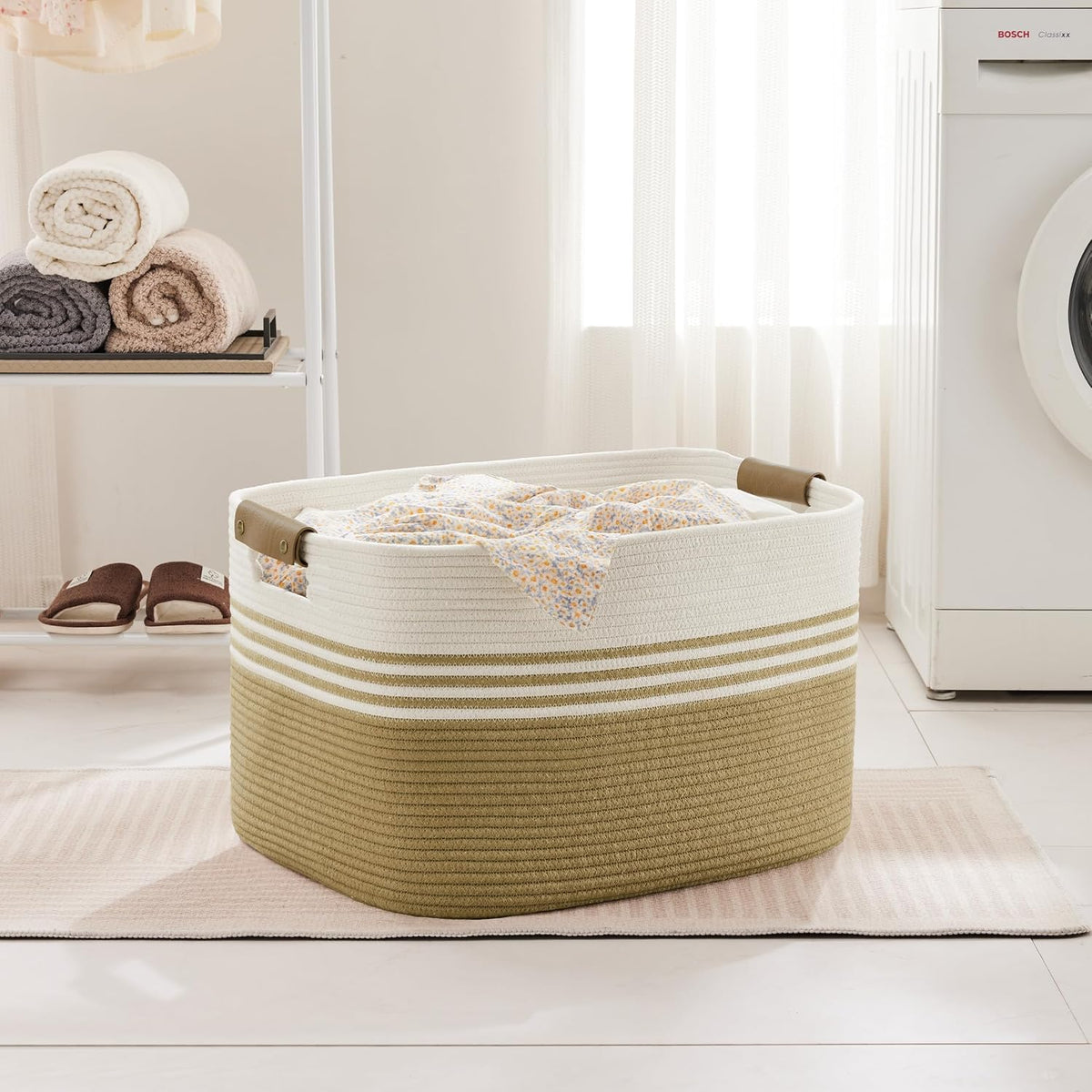 86L Large Woven Laundry Basket Hamper with Leather Handles,Khaki