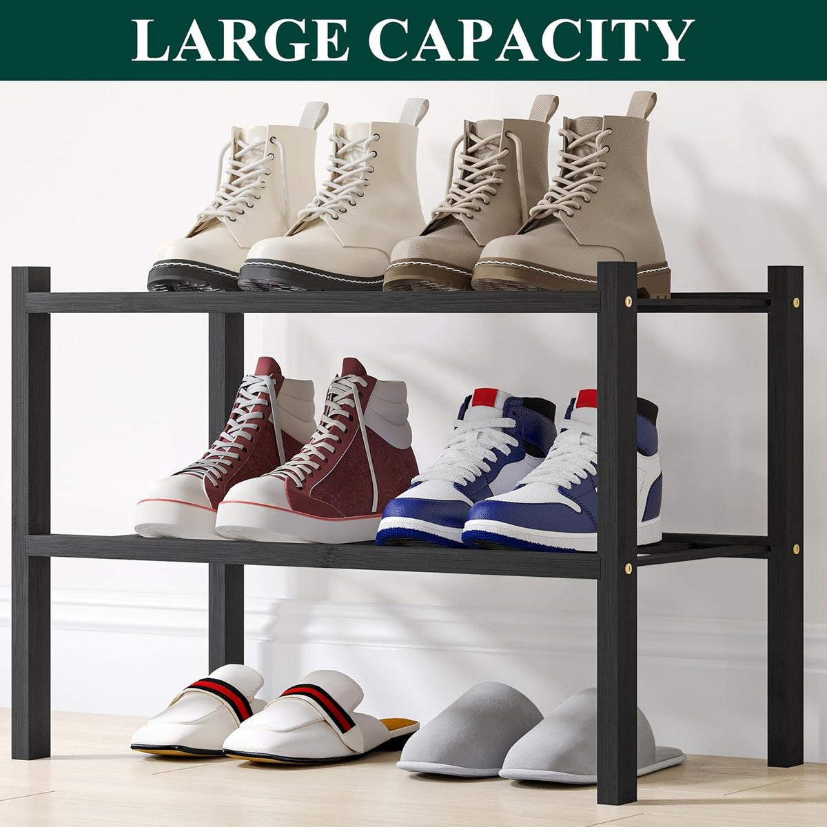 Smiry Bamboo Shoe Rack, 8 Vertical Slats, 2 Tier - 17.3" Wide, Black