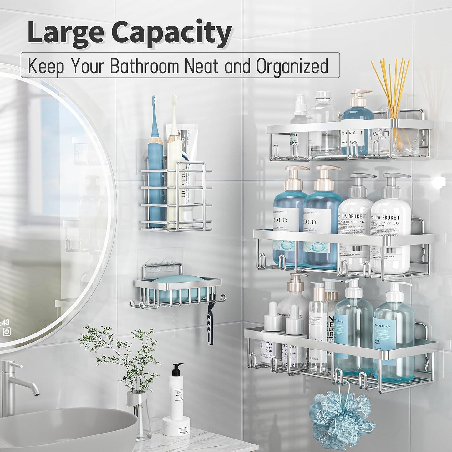 Liuoud 5 Pack Shower Caddy Organizer Rack Shelf for Inside Shower, Self Adhesive Bathroom Wall Storage Basket Rustproof Stainless Steel Large Capacity Shampoo Holder, Silver