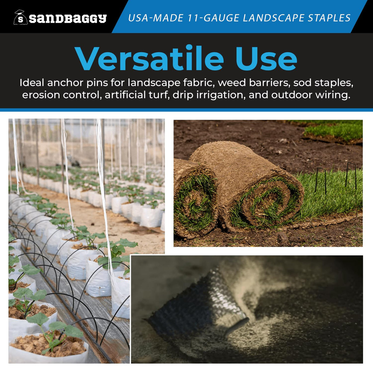 Sandbaggy USA Made 6-inch Landscape Staples - Garden Stakes - Landscaping Fabric, Netting, Sod, Artificial Turf (Standard, 2000)