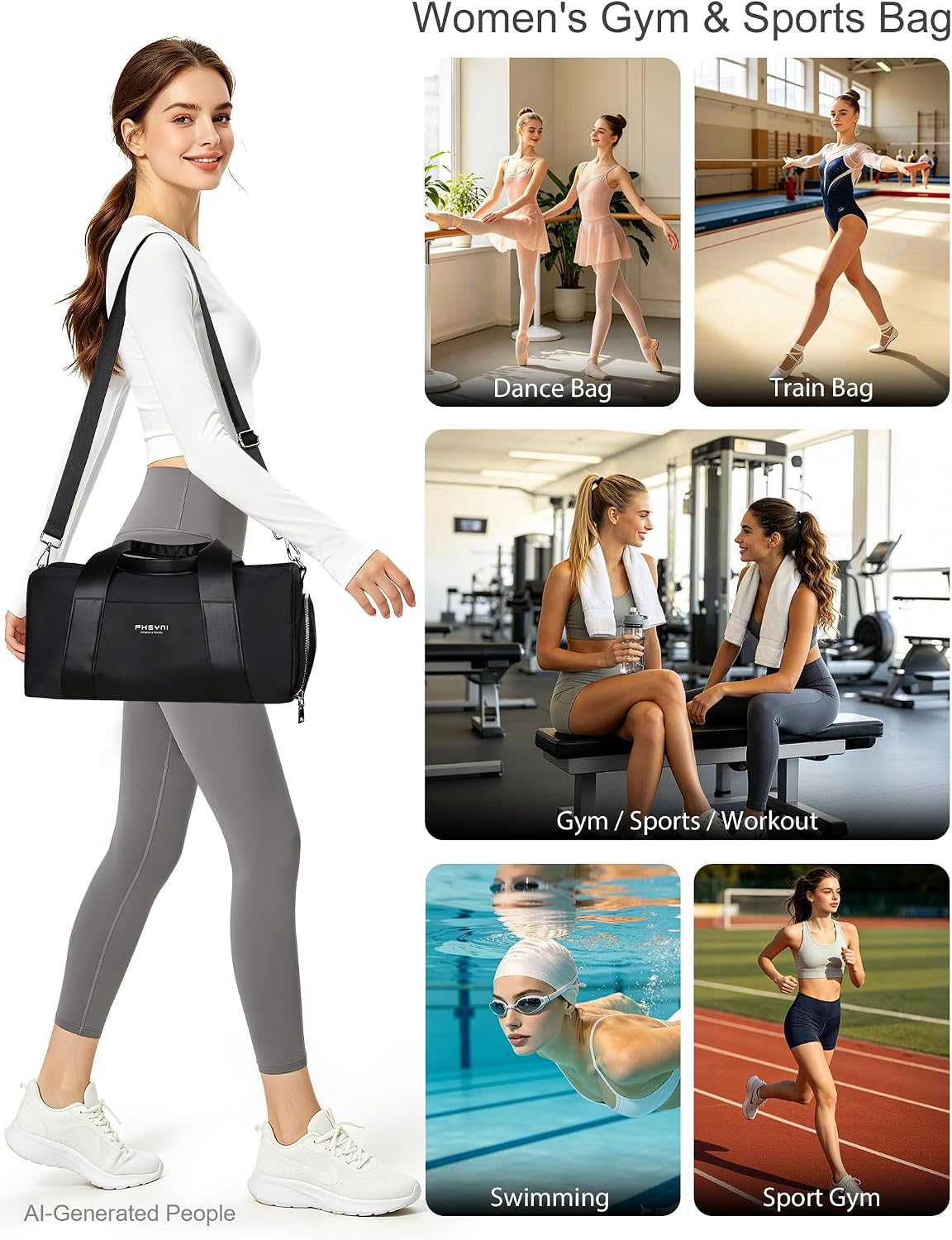 16" Gym Bag for Women,with Shoes Compartment and Waterproof Pocket(Black)