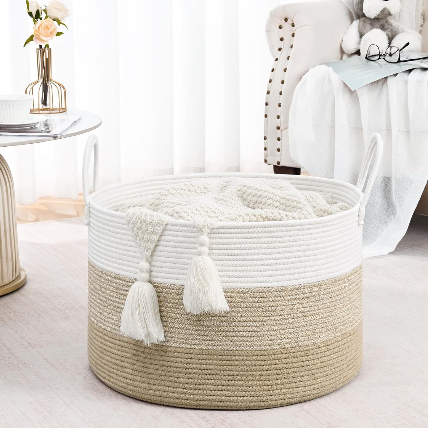 67L Large Woven Blanket Basket, Cotton Rope Baby Laundry Hamper with Handles, Kids Toy Basket for Classroom & Nursery, Soft Round Stuffed Animal Storage, Dog Toy Bin - 20"x13", Gradient Brown