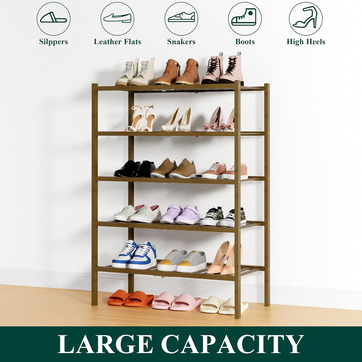 Smiry Bamboo Shoe Rack, 14 Vertical Slats, 5 Tier - 26.8" Wide, Walnut