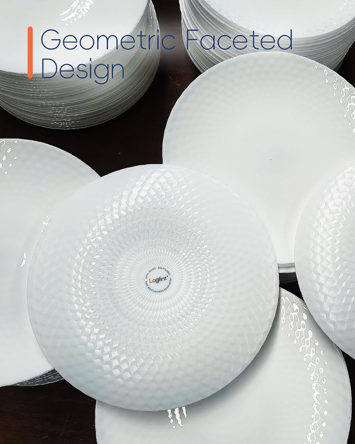 LaGlint 7.5 Inch Appetizer Plate Set of 6, White Geometric Opal Glass
