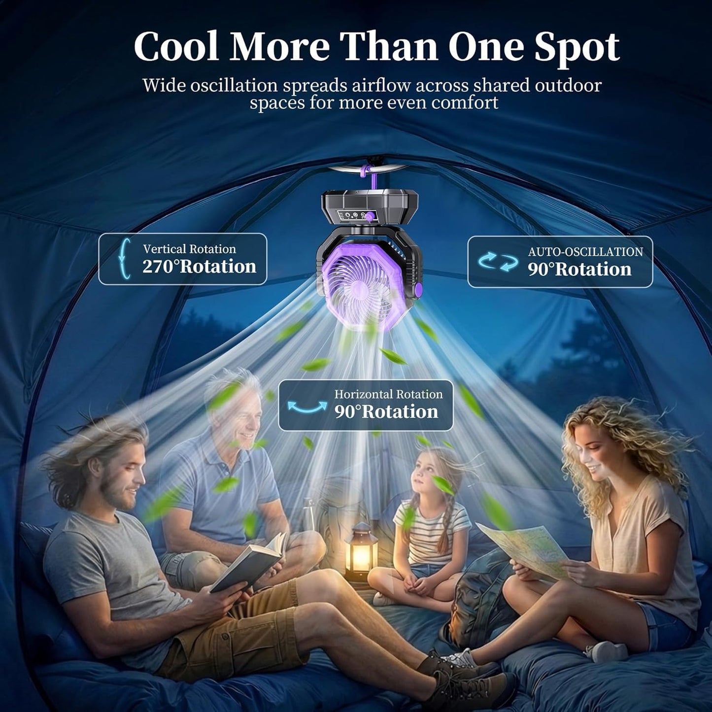 AJVV Camping Fan with Light, Remote and Oscillation, Battery Powered Hanging Tent Fan, Rechargeable Portable for Camp, Outdoor, Emergencies, Fishing, RV Travel, Jobsite