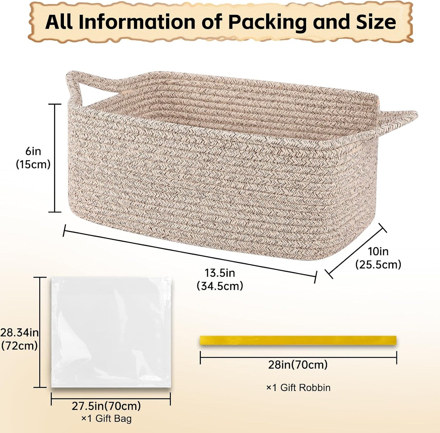 OIAHOMY Woven Basket, Gift Basket Empty with Gift Bags and Ribbons, Rope Baskets for Baby Showers, Storage Baskets with Handles for Nursery, Pet Toy Organizer - Brown