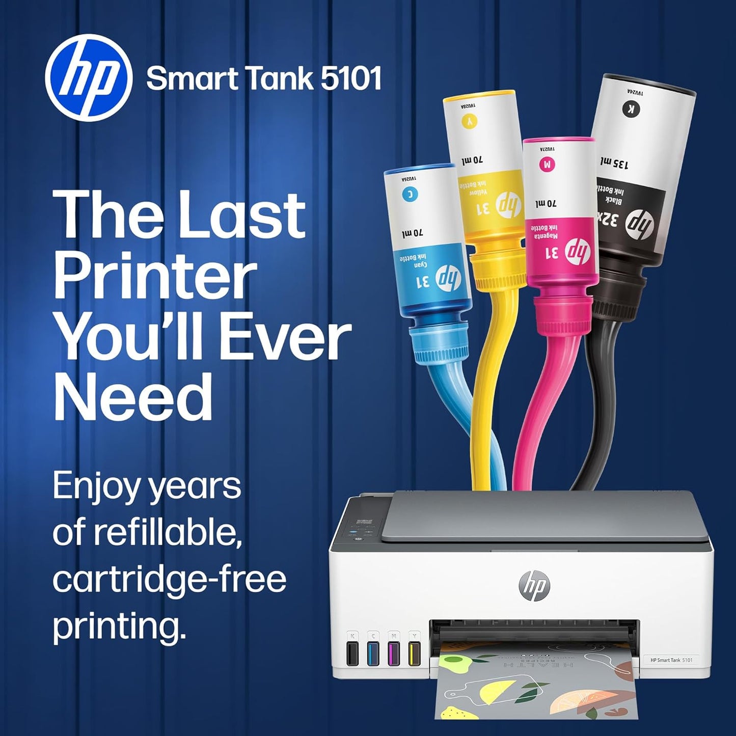 HP Smart Tank 5101 Wireless All-in-One Refillable Printer, Scanner, Copier with 2 Years of Ink Included, Wireless (2.4ghz only) Printer-for-Home use (1F3Y0A)