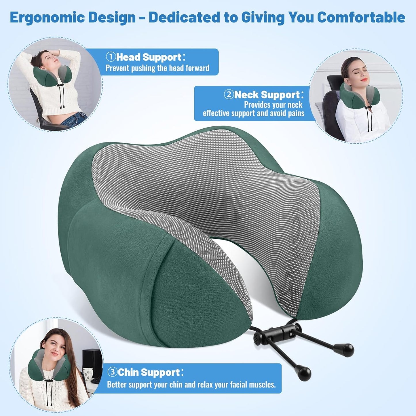 CloudBliss Travel Pillow for Airplane, Set of 2 Memory Foam Neck Pillow for Travel, Travel Neck Pillow for Long Flight, Car & Office, Trip Accessories with Eye Mask, Earplugs, Carry Bag, Black & Green