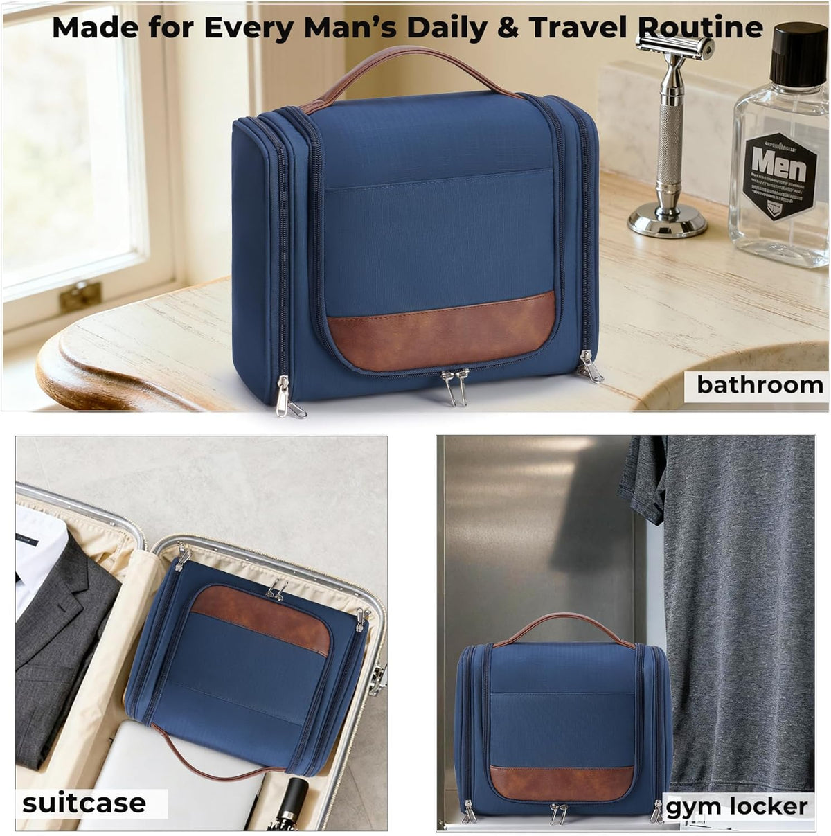 Ralnitote Large Hanging Toiletry Bag for Men, Travel Bathroom Bag with Hook, Hygiene Bag Organizer for Shower, Shaving & Grooming Essentials, Navy
