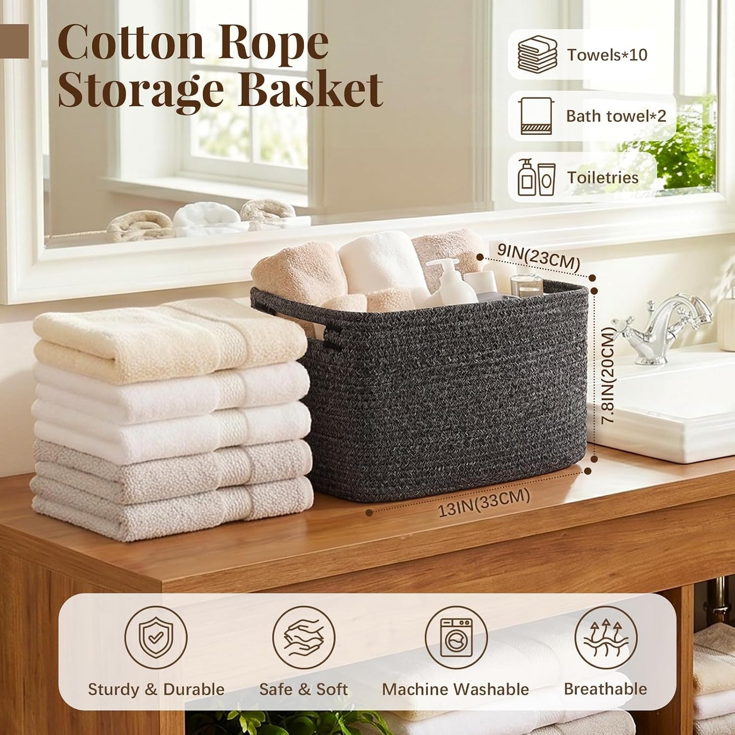OIASKET 4Packs Natural Cotton Rope Storage Baskets for Organizing Toys, Clothes, Towels & Books, Soft Versatile Organizers for Shelves, Home Decorative Bins, 13''Lx9''Wx7.8''H, Black and White