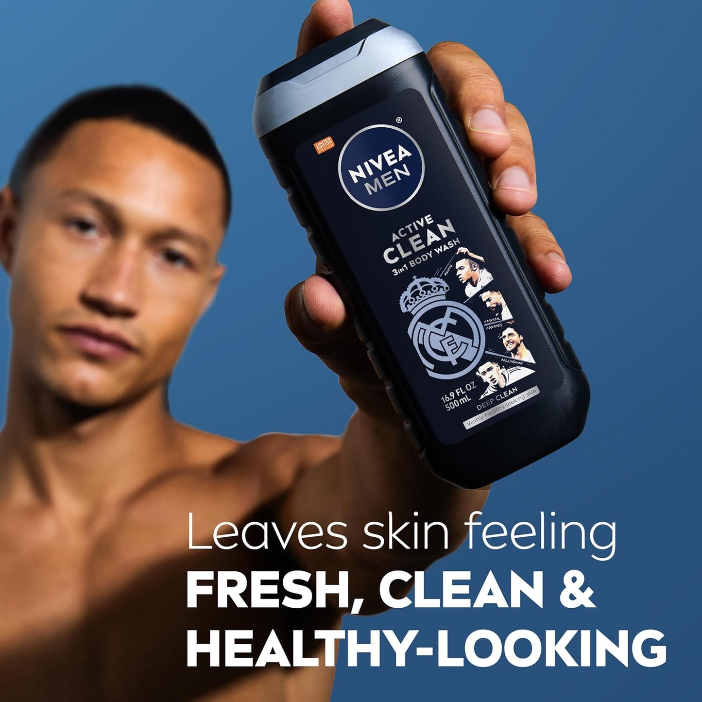 NIVEA MEN Real Madrid Limited Edition Design Active Clean Body Wash with Natural Charcoal for Normal to Oily Skin, 3-in-1 Charcoal Body Wash, Face and Hair, 16.9 Fl Oz Bottle, Pack of 3