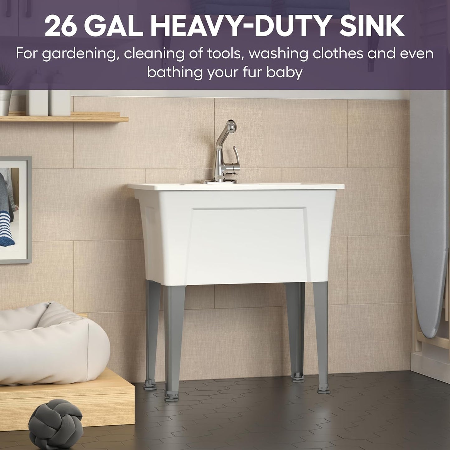 Freestanding Utility Sink with Gooseneck Faucet - 32" Plastic Utility Sink with Steel Legs for Garage, Laundry, Indoor and Oudoor Use - Laundry Tub Kit by Noah William Home - White (25.6 gal)