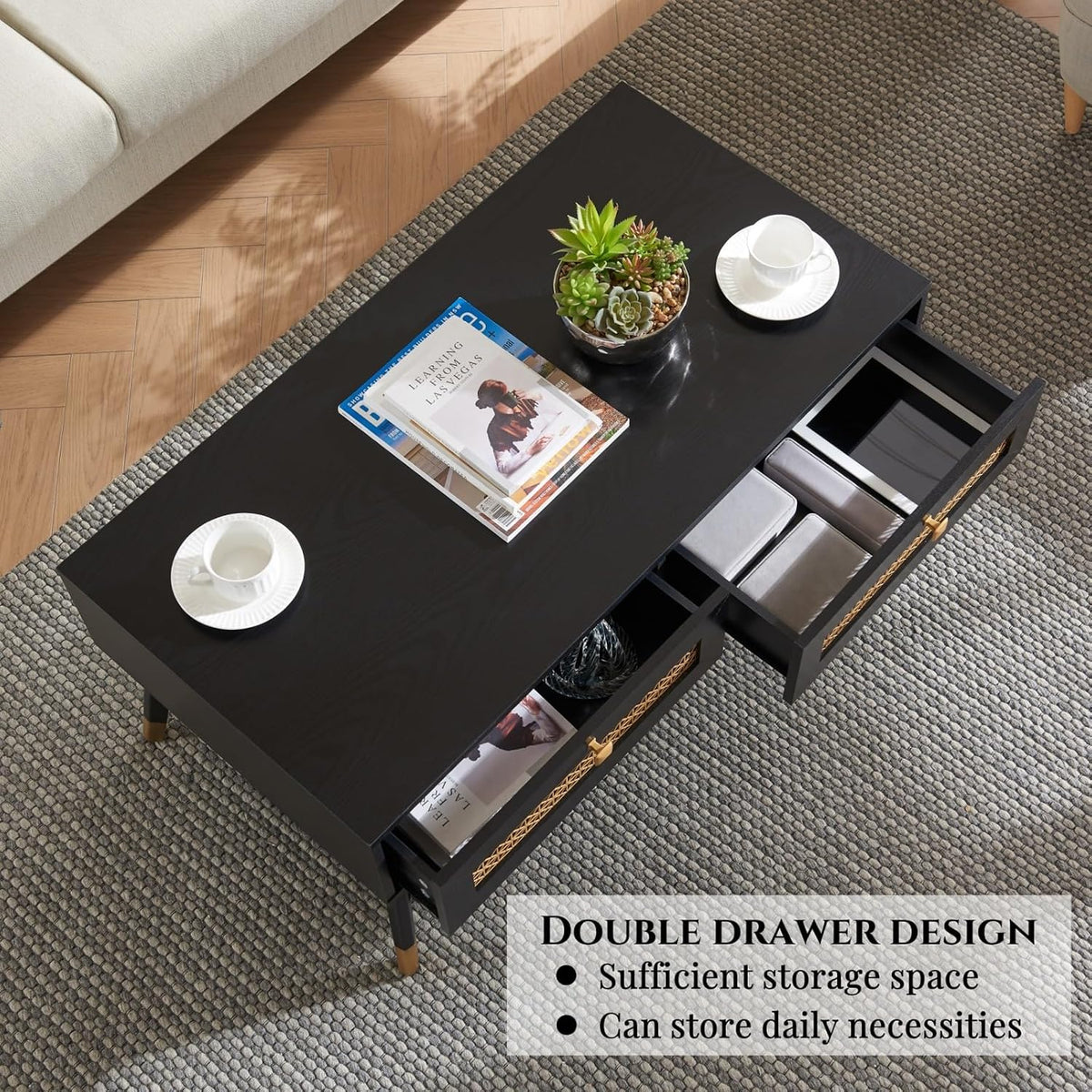 Mid Century Modern Black Coffee Table with Storage Drawers & Open Shelf, Solid Wooden Boho Rectangle Table with Metal Legs Designed for Living Room, Office, Lounge. Black Color with Golden Decor