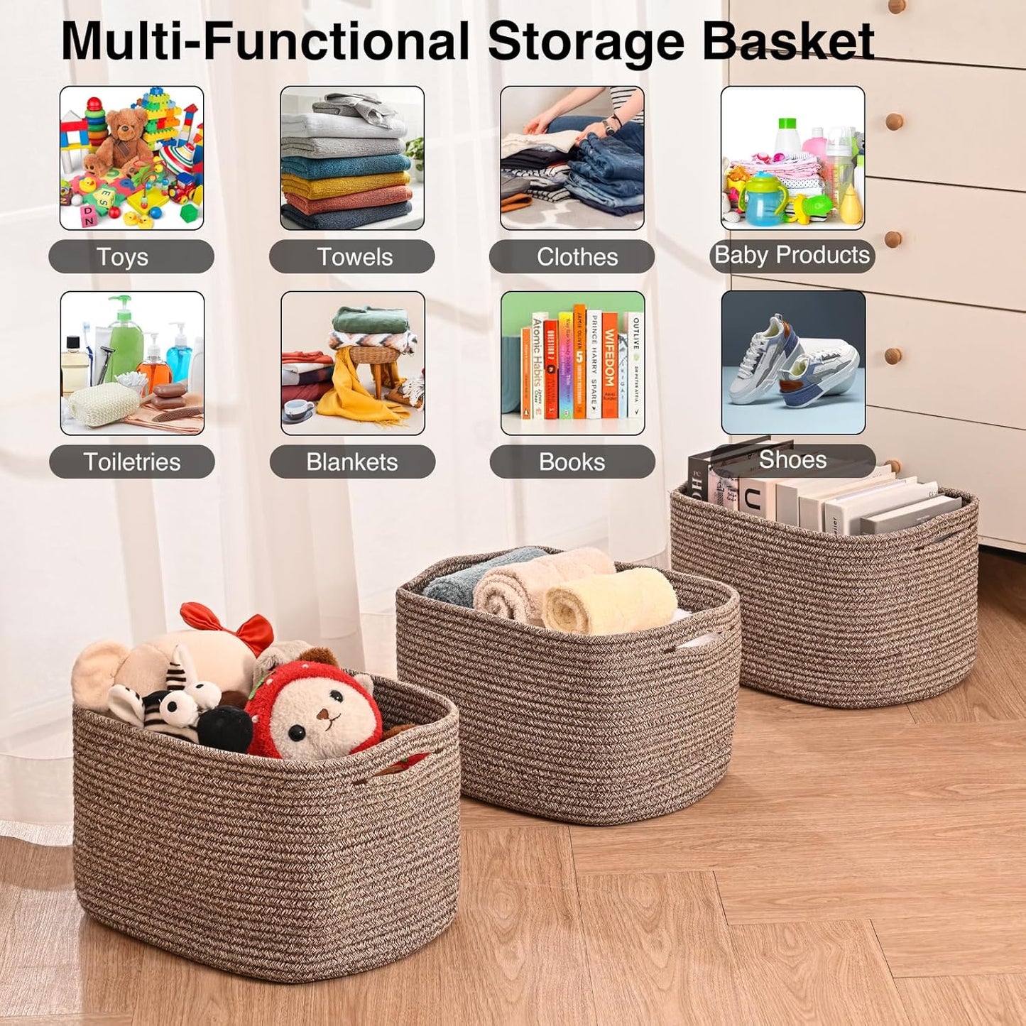 ICERZCZ Storage Baskets for Organizing Shelves, Woven Cotton Rope Bins for Baby Nursery Organization, Book Toy Towel Organizer, 15"x11"x9.5", 3 Packs, Dark Brown