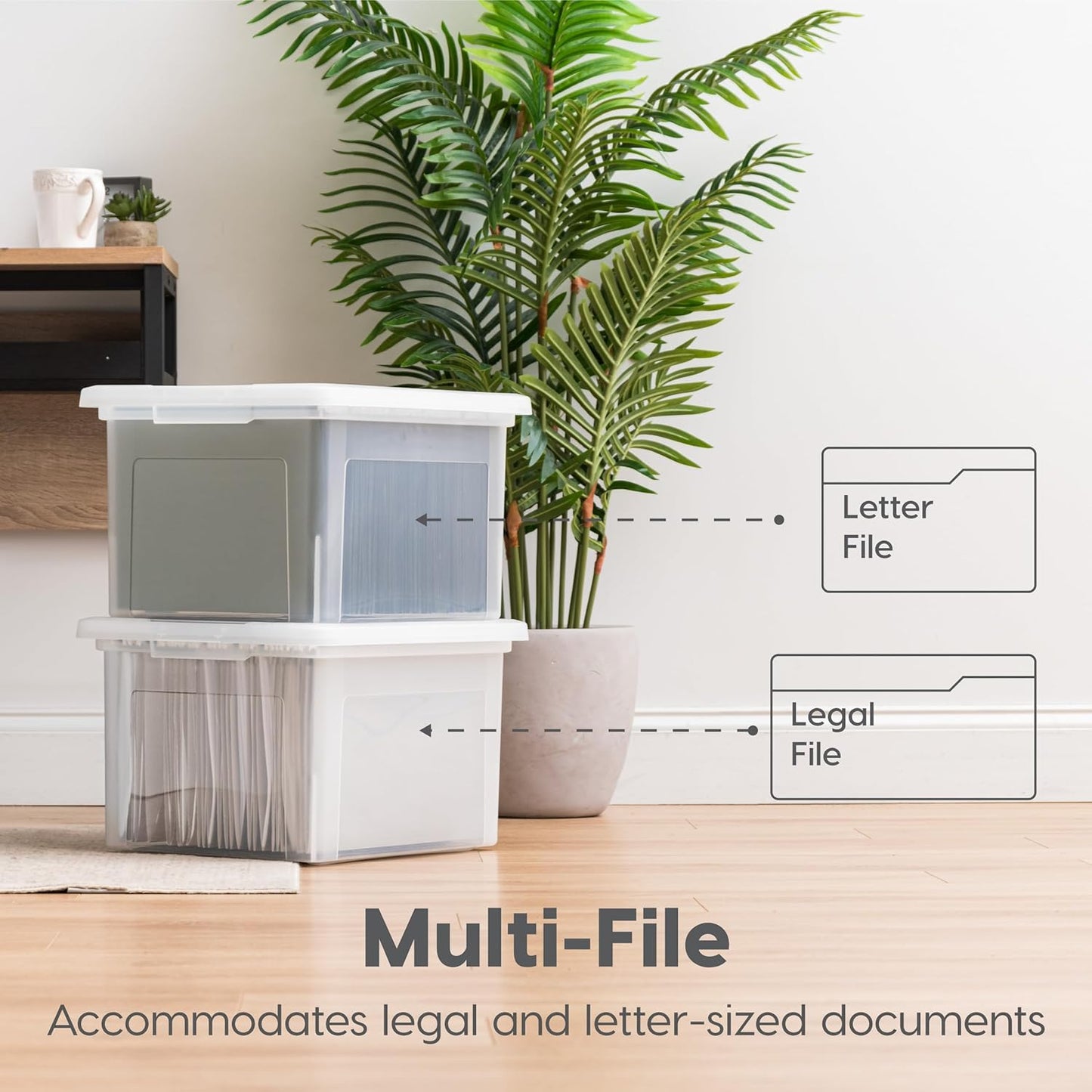 IRIS USA File Box with Lid, File Storage Box for Letter Size Documents, Portable Plastic File Box, Stackable Nestable Organizer, 35 Qt, 4 Pack, Pearl