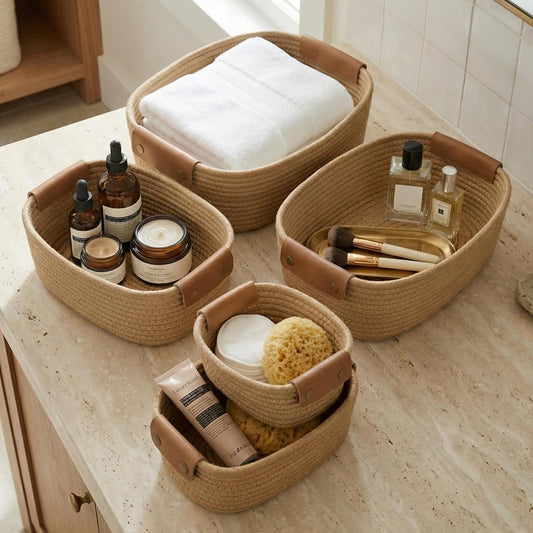 Beautiful Storage Basket Set of 5 - Sturdy Jute Rope Baskets for Shelves Are Perfect for Organizing Your Home - Quality Storage Bins Easily Fit With Any Nursery or Bedroom Decor