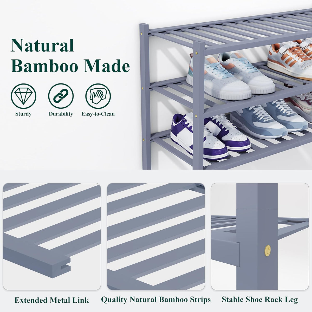 Smiry Bamboo Shoe Rack, 14 Vertical Slats, 4 Tier - 26.8" Wide, Grey