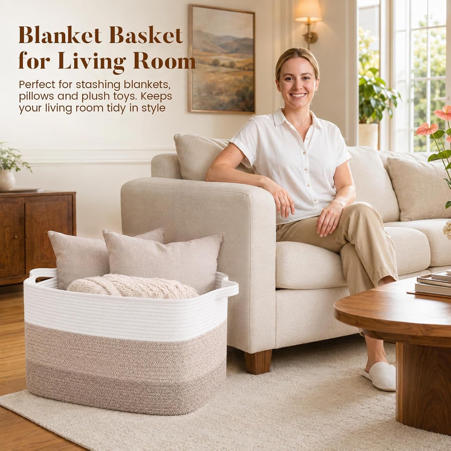 65L Large Woven Blanket Basket for Living Room, 19.7"x15.7"x11.8" | Nursery Laundry Hamper with Handle for Organizing Blankets, Pillows, Toy Storage With Handle, Large Baskets for Organizing