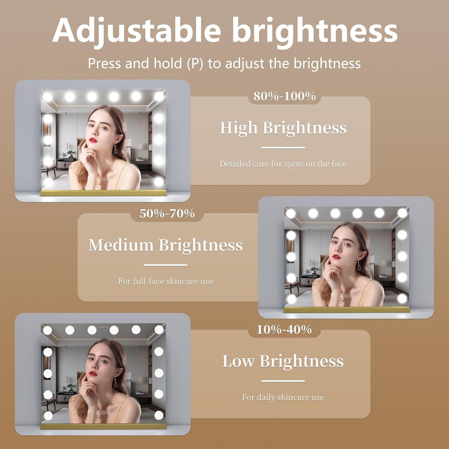 Vanity Mirror with Lights 19.7''x16.6'' Makeup Mirror with Lights Lighted Up Mirror with Dimmable LED Bulbs,3 Color Lighting Modes,USB Charging Port Touch Control,Sturdy Metal Frame Design,Gold